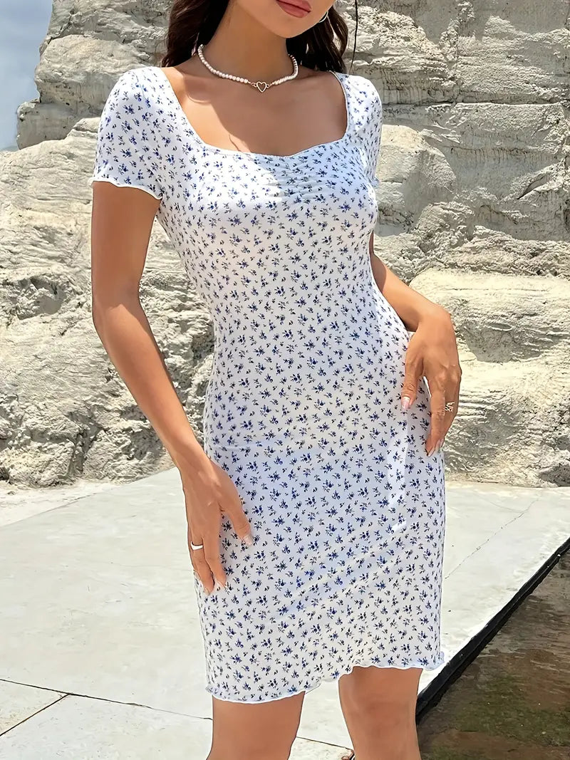 Biała sukienka w kwiaty z kwadratowym dekoltem Vineyard Bodycon