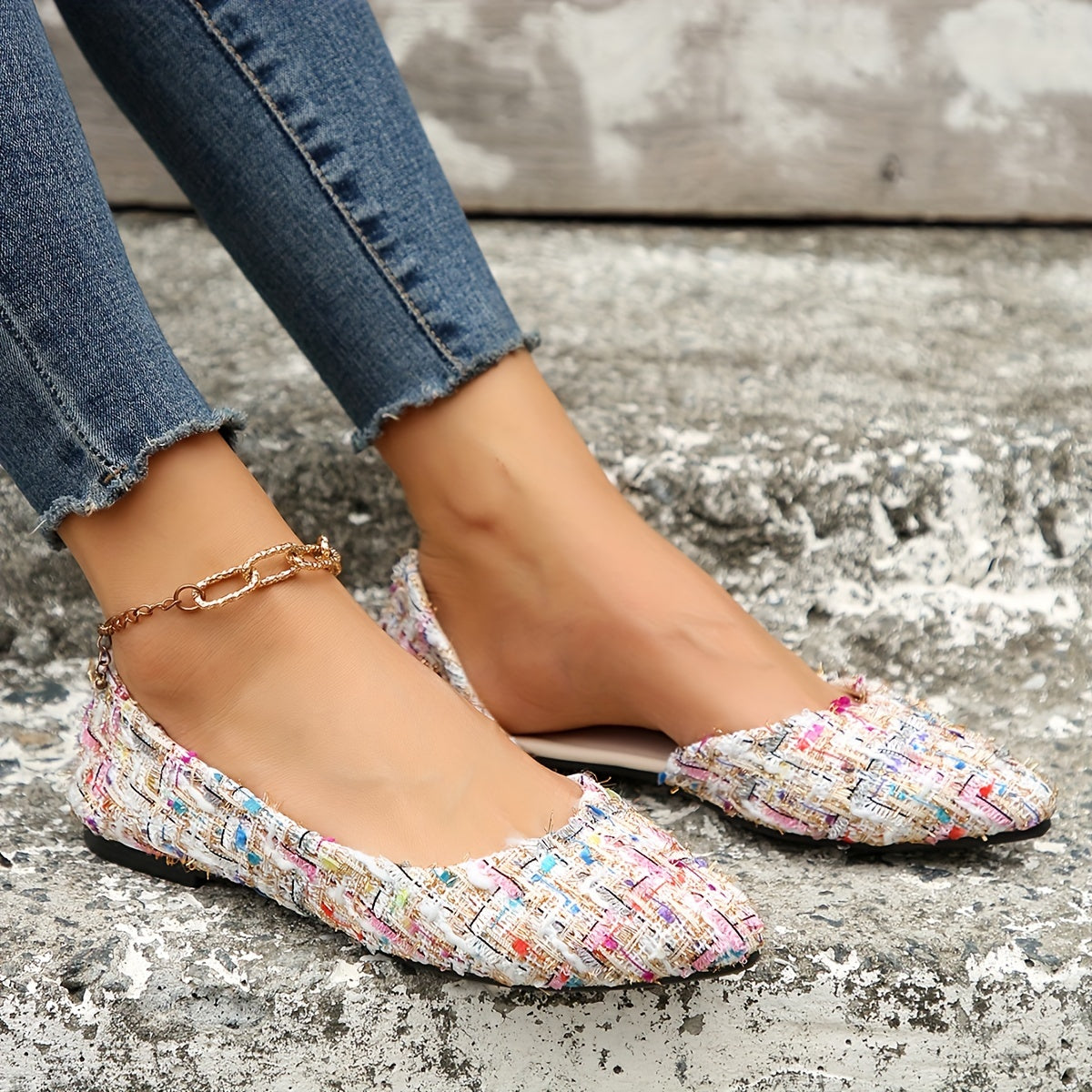 Elegancki czubek palca płaski, wycięty boku Tweed-Slip-On Buty