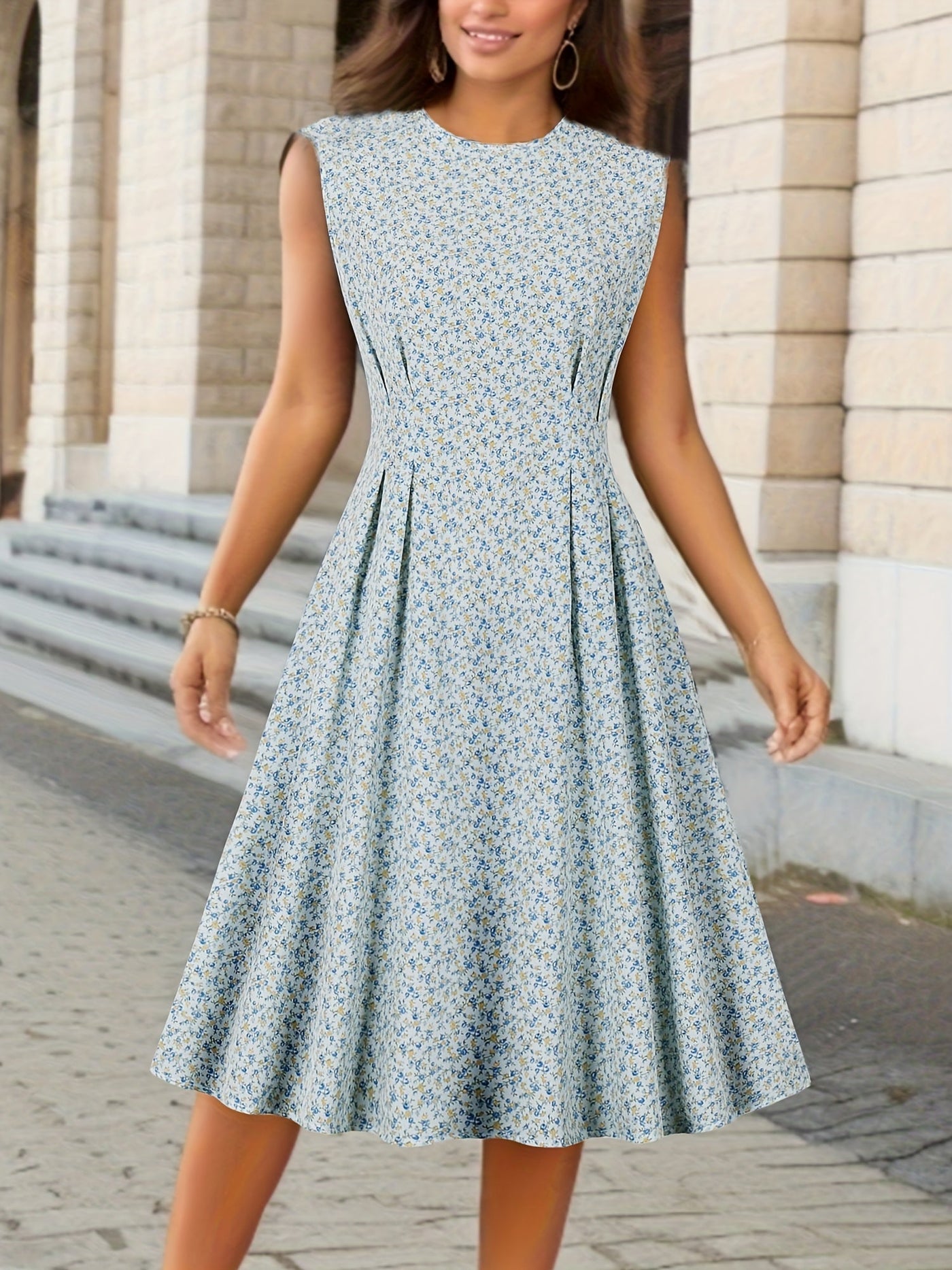 Elegancka letnia sukienka - Sukienka midi bez rękawów o linii A z kwiatowym wzorem