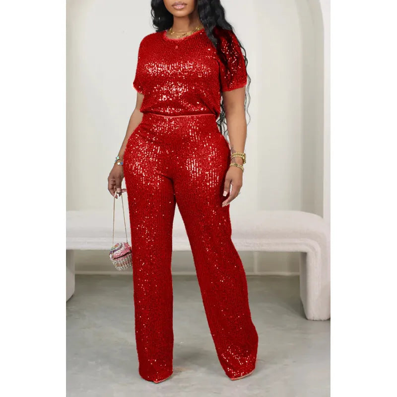 Cekinowy crop top z dopasowanymi spodniami