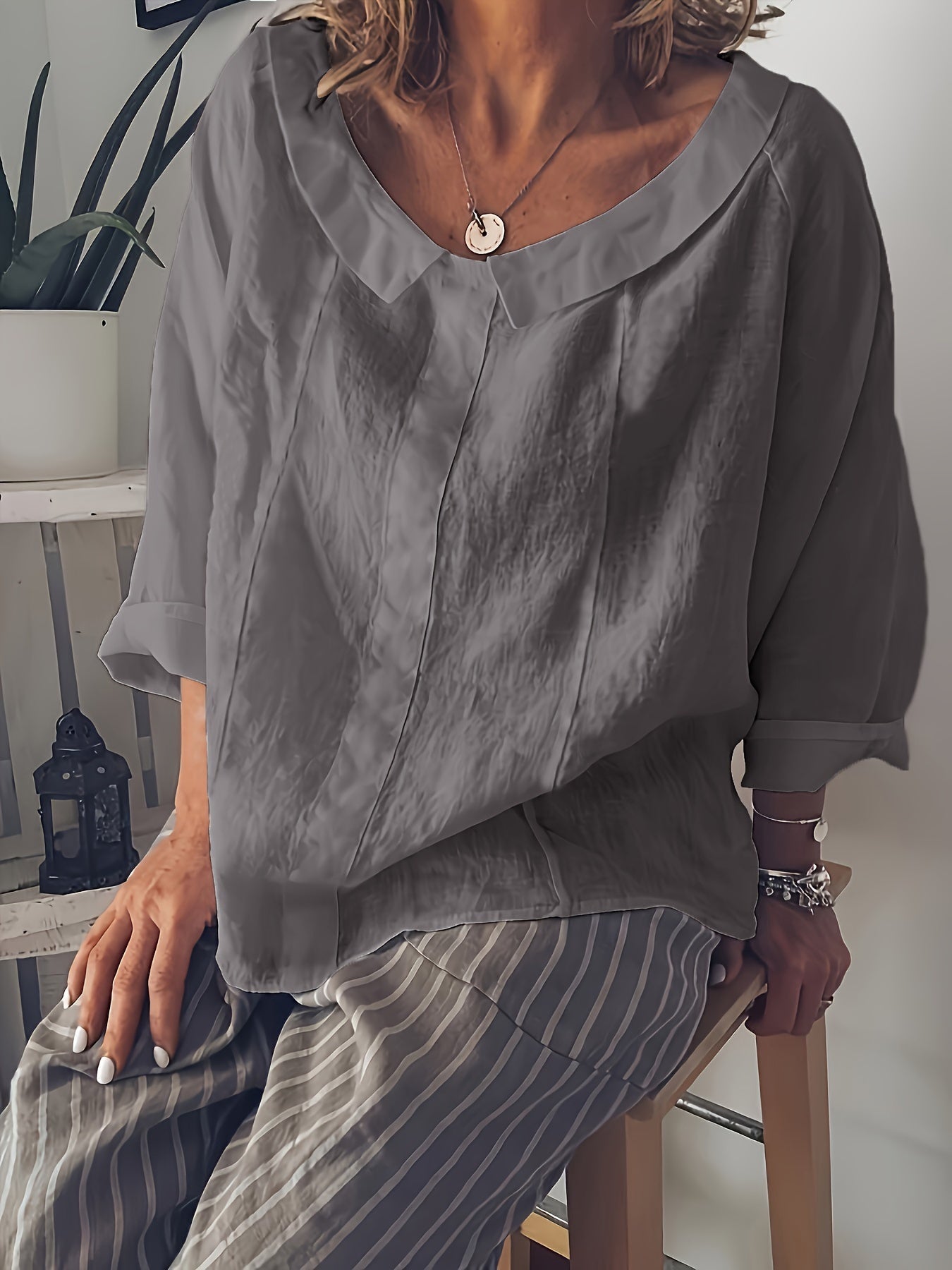 Bluzka Plus Size – długi rękaw, swobodny okrągły dekolt, miękki sztuczny jedwab