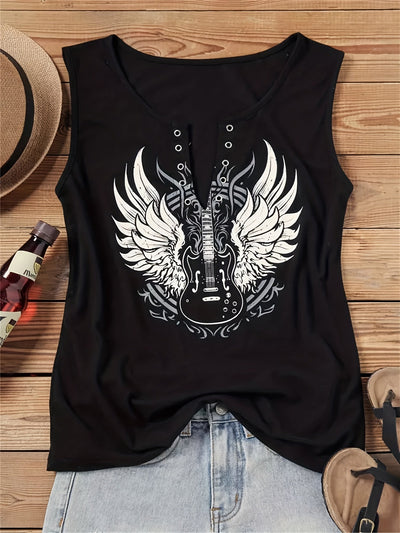Damski tank top Guitar & Wings z dekoltem w kształcie litery V – letni top bez rękawów