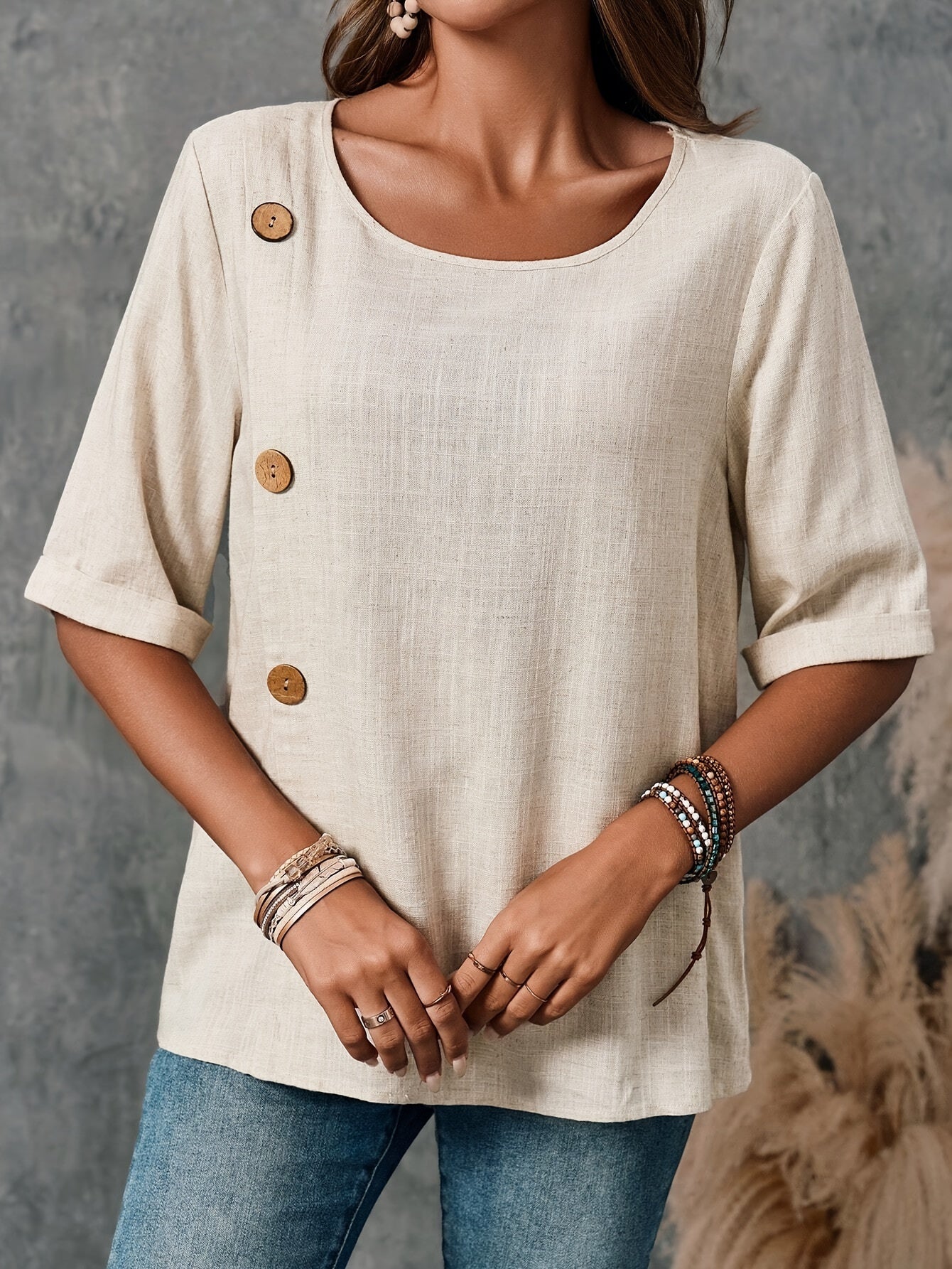 Bluzka z guzikami w kolorze khaki, półrękawy Casual top