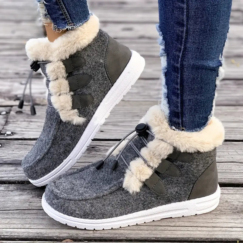 Damskie buty zimowe z wykończeniem ze sztucznego futra - Wygodne płaskie buty