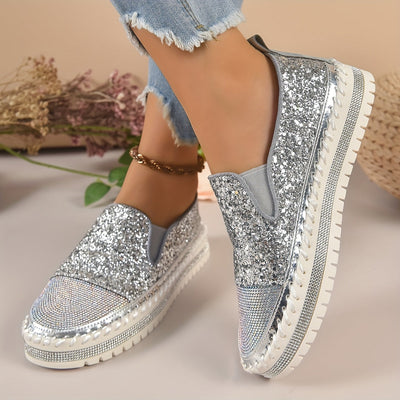 Kryształowe loafersy damskie, obcas 3 cm, wygodne buty na platformie