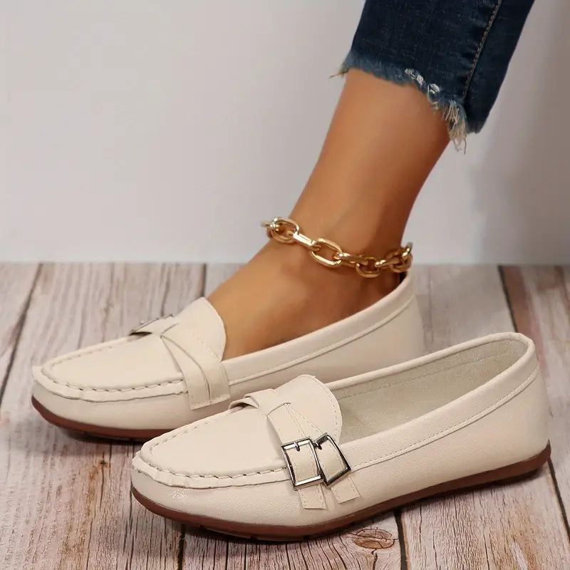 Płaskie buty codzienne z paskiem i klamrą, skórzane buty
