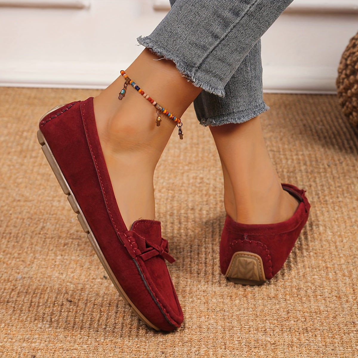 Retro loafersy z kokardą, buty wsuwane z okrągłym noskiem
