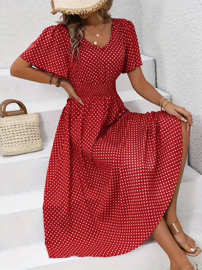 Sukienka midi Polkadot z dekoltem w szpic i marszczonymi rękawami Summer Look