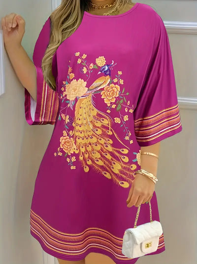 Boho sukienka w pawie kwiaty Casualowa sukienka z półdługimi rękawami na wiosnę i lato
