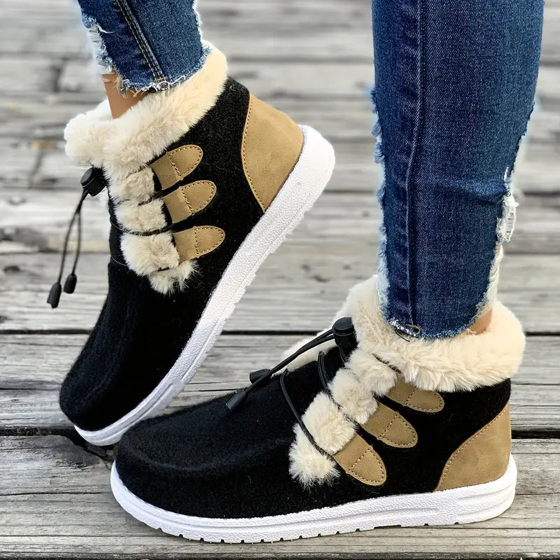 Damskie buty zimowe z wykończeniem ze sztucznego futra - Wygodne płaskie buty