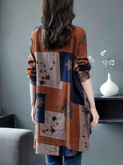 Lniana bluzka oversize, geometryczny nadruk, długie rękawy, mieszanka jedwabiu