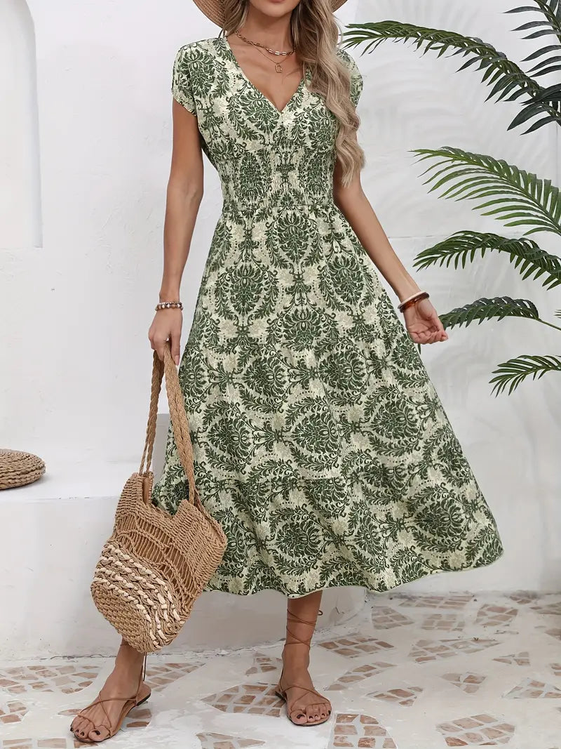 Casualowa sukienka maxi z nadrukiem - krótki rękaw V-Neck Army Green