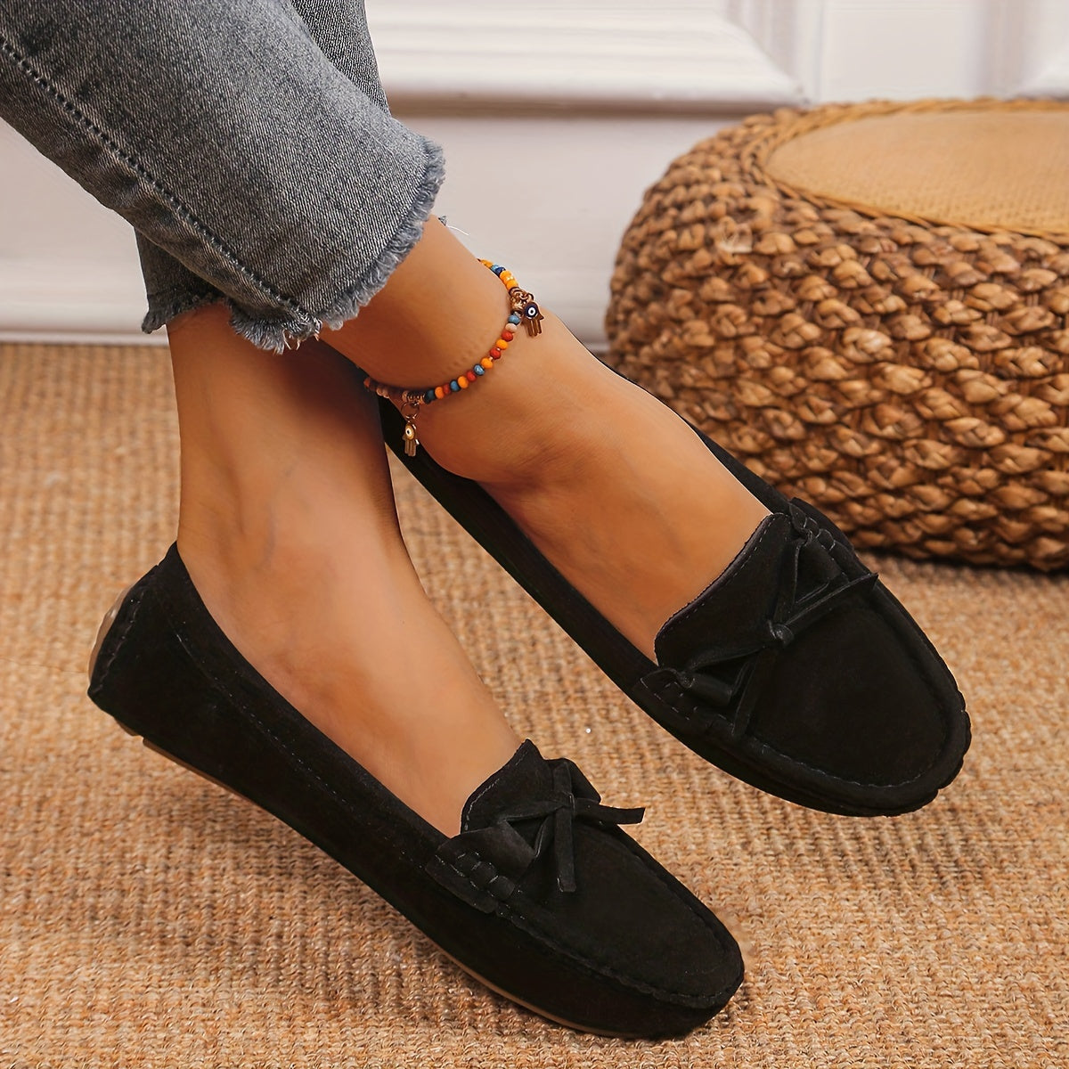 Retro loafersy z kokardą, buty wsuwane z okrągłym noskiem