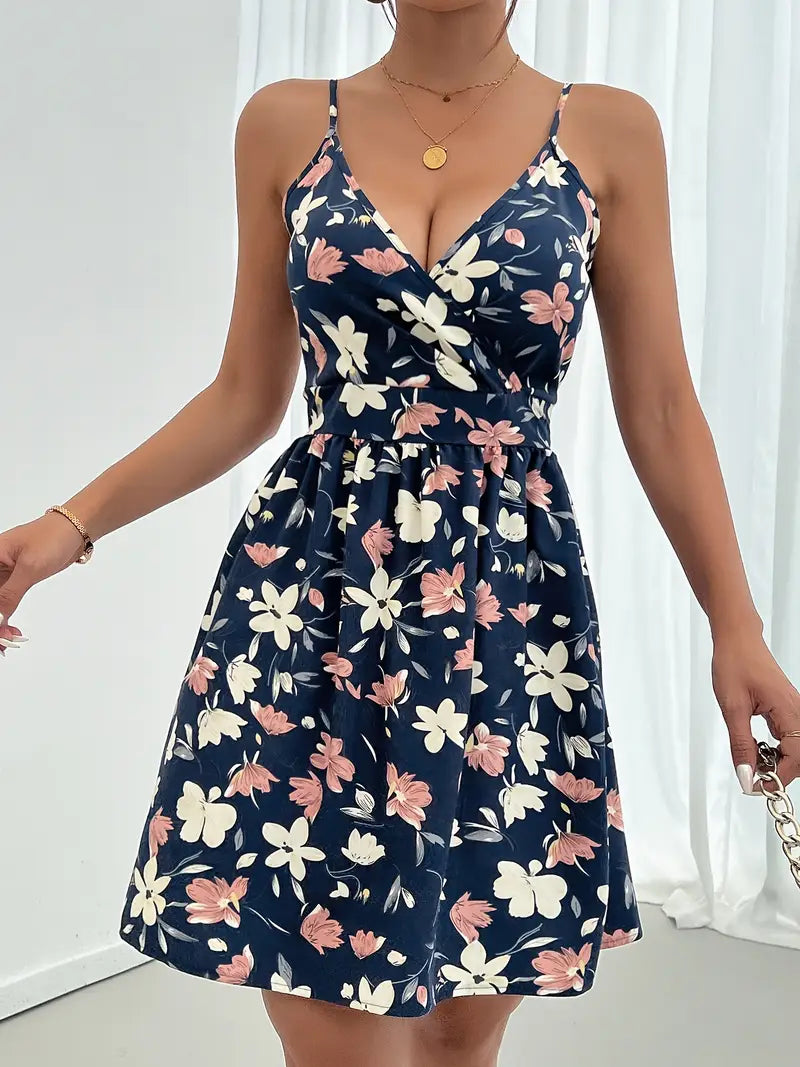 Granatowa sukienka w kwiaty z dekoltem w serek Elegancka sukienka letnia