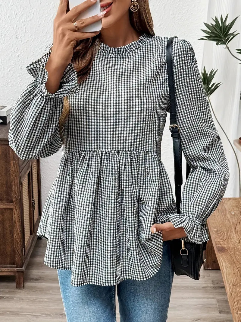 Bluzka Gingham - marszczony kołnierzyk, długie rękawy, wzór peplum
