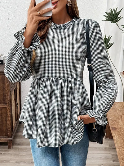 Bluzka Gingham - marszczony kołnierzyk, długie rękawy, wzór peplum