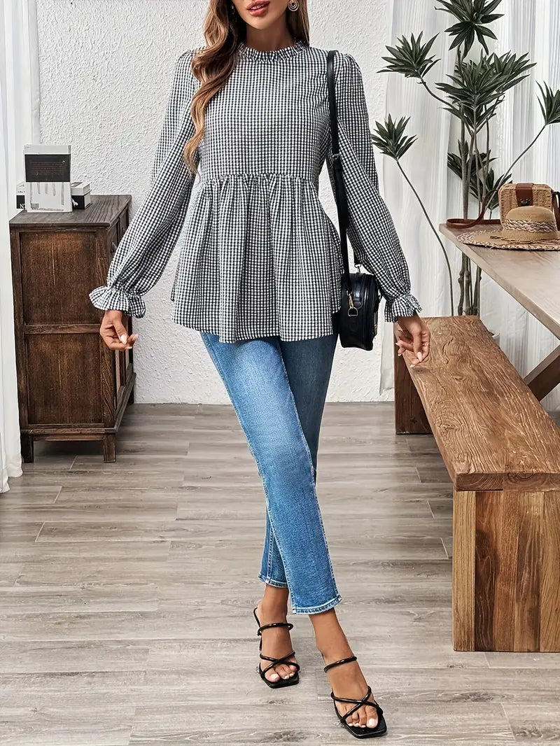 Bluzka Gingham - marszczony kołnierzyk, długie rękawy, wzór peplum