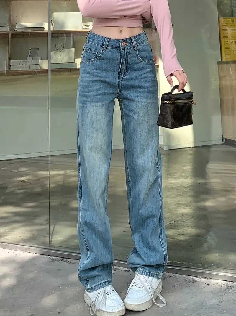 Dżinsy z wysokim stanem i szerokimi nogawkami Klasyczny, sprany denim o luźnym kroju