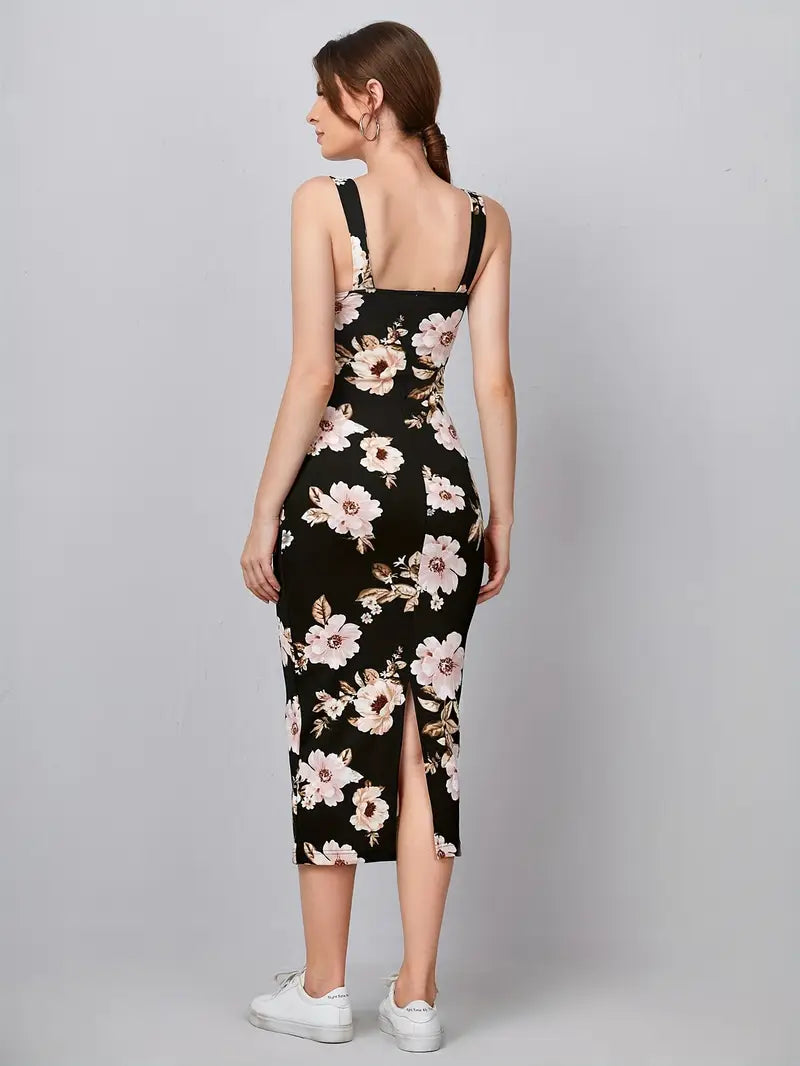 Zwarte Midi Jurk met Bloemenprint Elegante Mouwloze Zomerjurk met Hoge Split