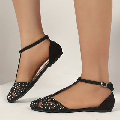 Płaskie sandały z kryształami dla kobiet, zamknięty palec, t-strap