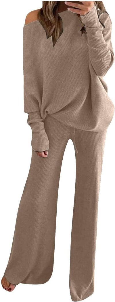 Tweedelig Set - Dames Trui en Broek, szerokie nogawki, wygodny, szykowny strój do salonu i na co dzień