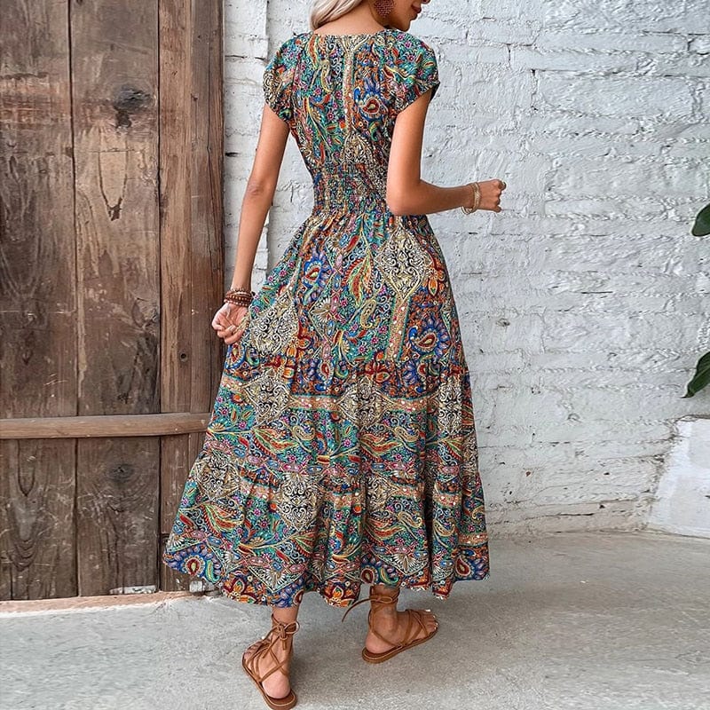 Boho Sukienka Maxi Z Krótkim Rękawem