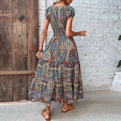 Boho Sukienka Maxi Z Krótkim Rękawem