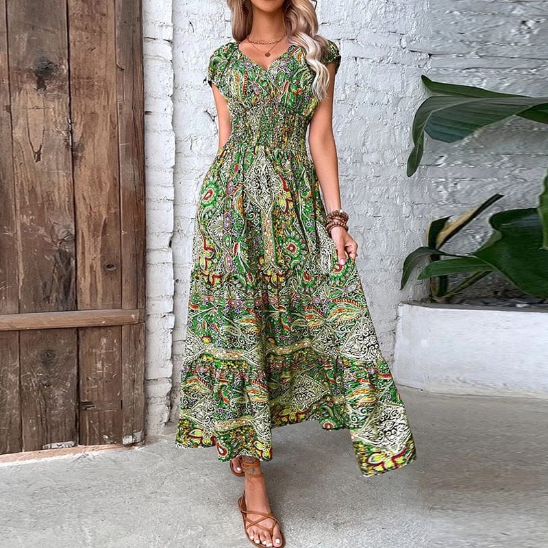 Boho Sukienka Maxi Z Krótkim Rękawem