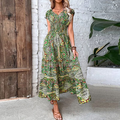 Boho Sukienka Maxi Z Krótkim Rękawem
