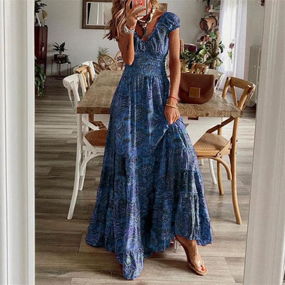 Boho Sukienka Maxi Z Krótkim Rękawem
