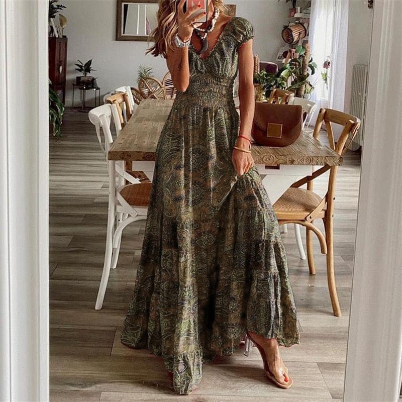 Boho Sukienka Maxi Z Krótkim Rękawem