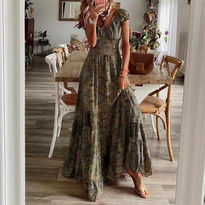 Boho Sukienka Maxi Z Krótkim Rękawem