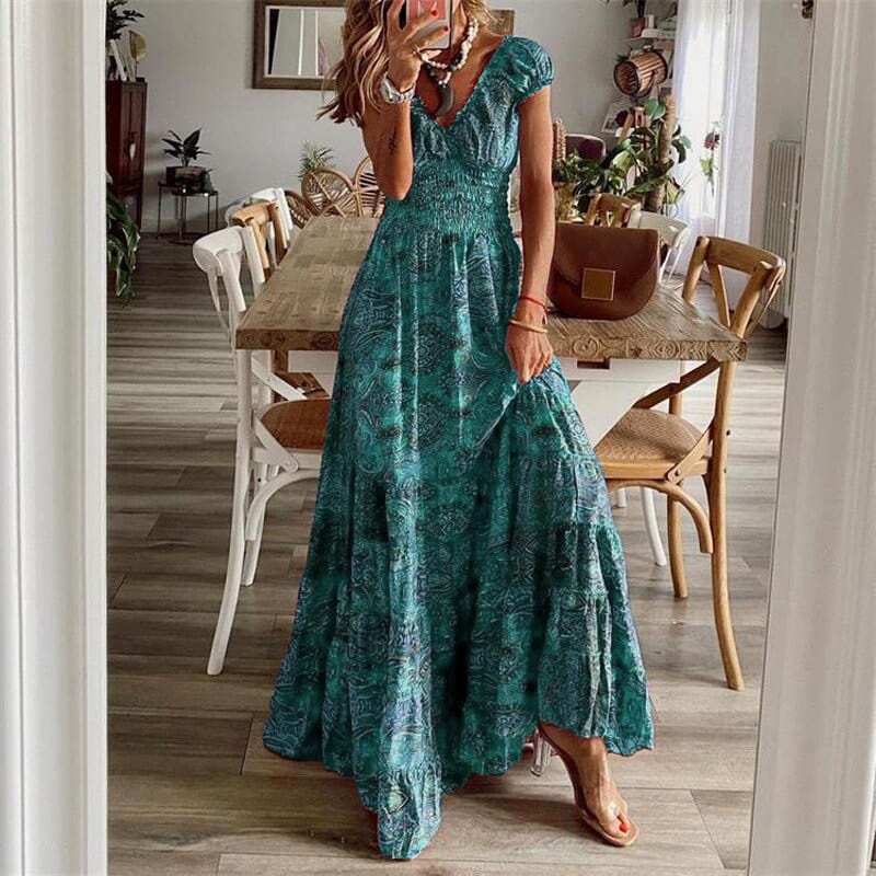 Boho Sukienka Maxi Z Krótkim Rękawem