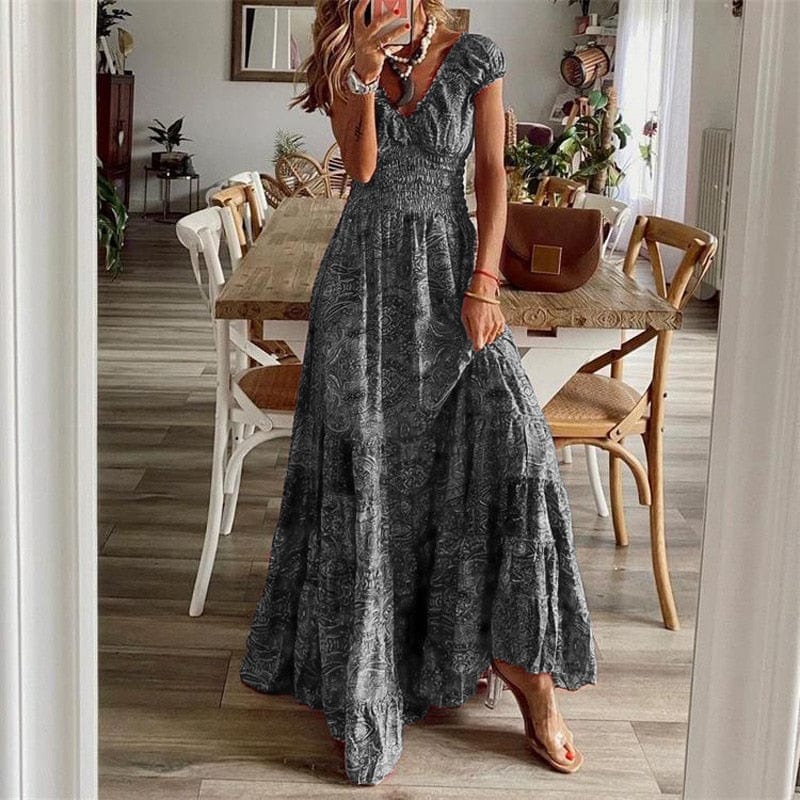 Boho Sukienka Maxi Z Krótkim Rękawem