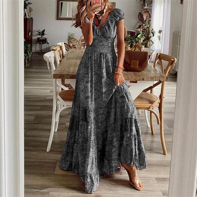 Boho Sukienka Maxi Z Krótkim Rękawem