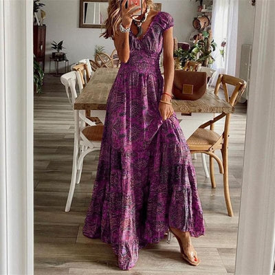 Boho Sukienka Maxi Z Krótkim Rękawem