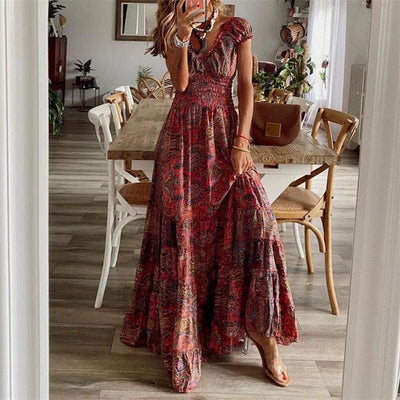 Boho Sukienka Maxi Z Krótkim Rękawem
