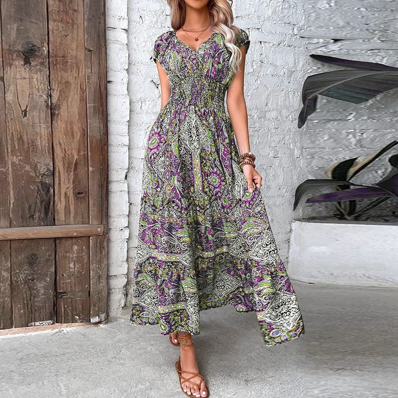 Boho Sukienka Maxi Z Krótkim Rękawem
