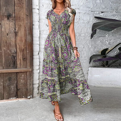 Boho Sukienka Maxi Z Krótkim Rękawem