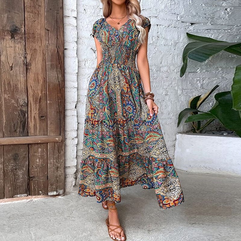 Boho Sukienka Maxi Z Krótkim Rękawem