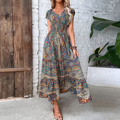 Boho Sukienka Maxi Z Krótkim Rękawem