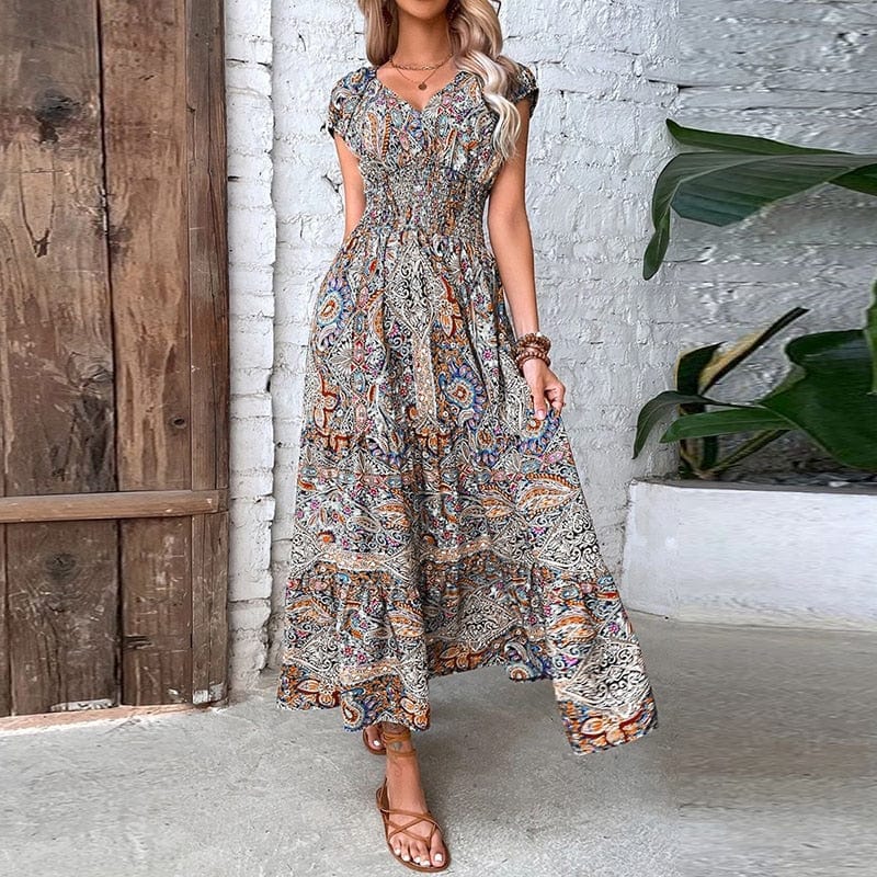 Boho Sukienka Maxi Z Krótkim Rękawem