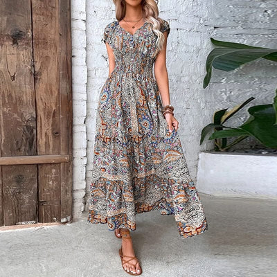 Boho Sukienka Maxi Z Krótkim Rękawem