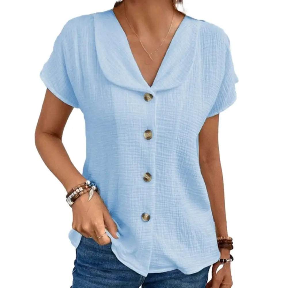 Bluzka - damska, dekolt V, krótki rękaw, jednorzędowa, casual, elegancka, lekka, lato